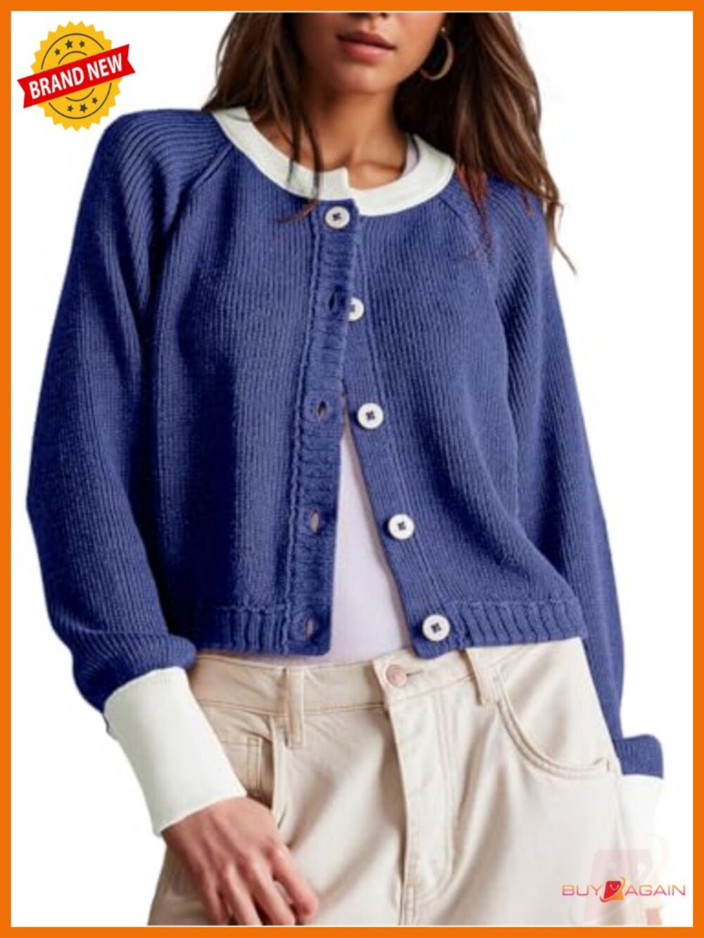 Cropped Cardigan Sweater Long Sleeve Button Down Color Block Knit Outwear - Picture 1 of 5